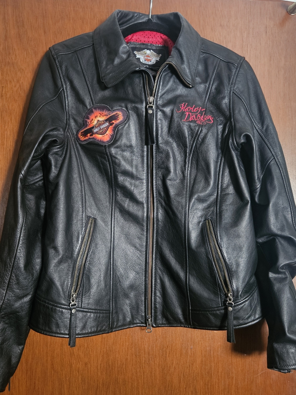 Harley-Davidson Black Leather Jacket with Red Embroidered Accents